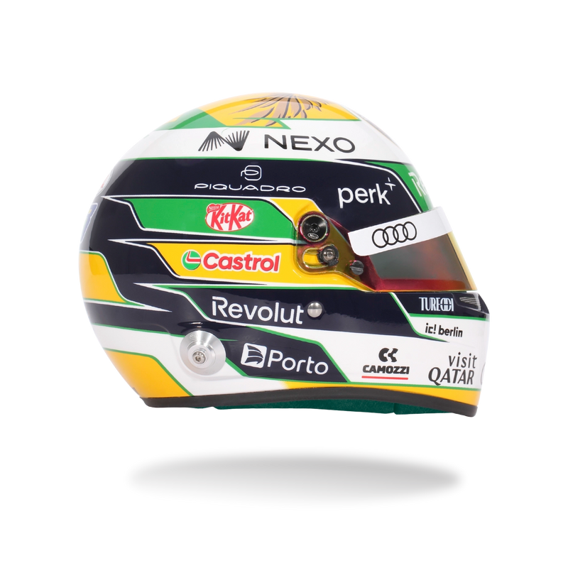 Top view of Gabriel Bortoleto’s 2026 F1 Bell mini helmet with Brazilian flag colors and feather graphics - Fast Racer