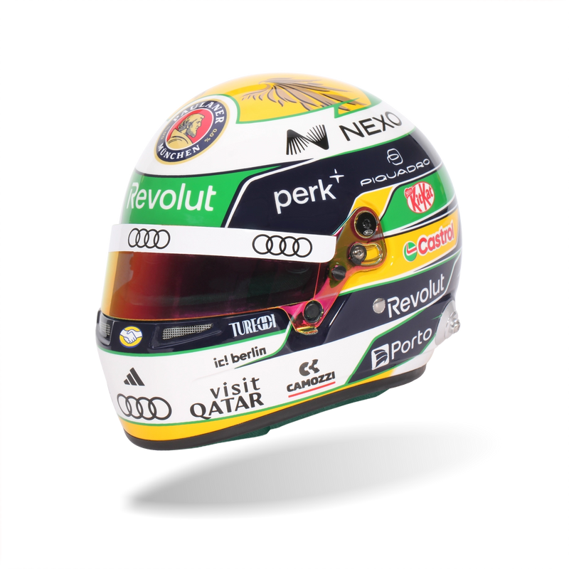 Close-up of the tinted visor and sponsor graphics on Gabriel Bortoleto’s 2026 F1 Bell mini helmet - Fast Racer