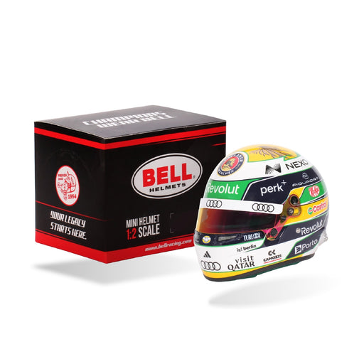 Front three-quarter view of Gabriel Bortoleto's 2026 Audi F1 Bell 1:2 scale mini helmet with Bell retail box - FAST RACER