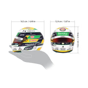 Size chart for Gabriel Bortoleto's 2026 Audi mini helmet: 16.5 cm long, 12.9 cm wide, 13.2 cm tall - FAST RACER