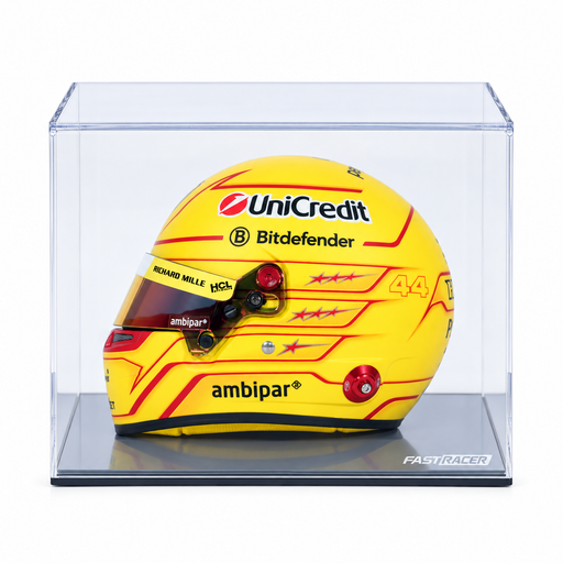 Lewis Hamilton Ferrari 2025 mini helmet in yellow livery featuring UniCredit, Bitdefender, Richard Mille, and ambipar sponsor branding with red star details and the number 44, displayed inside a clear acrylic case against a white studio background with Fast Racer branding.