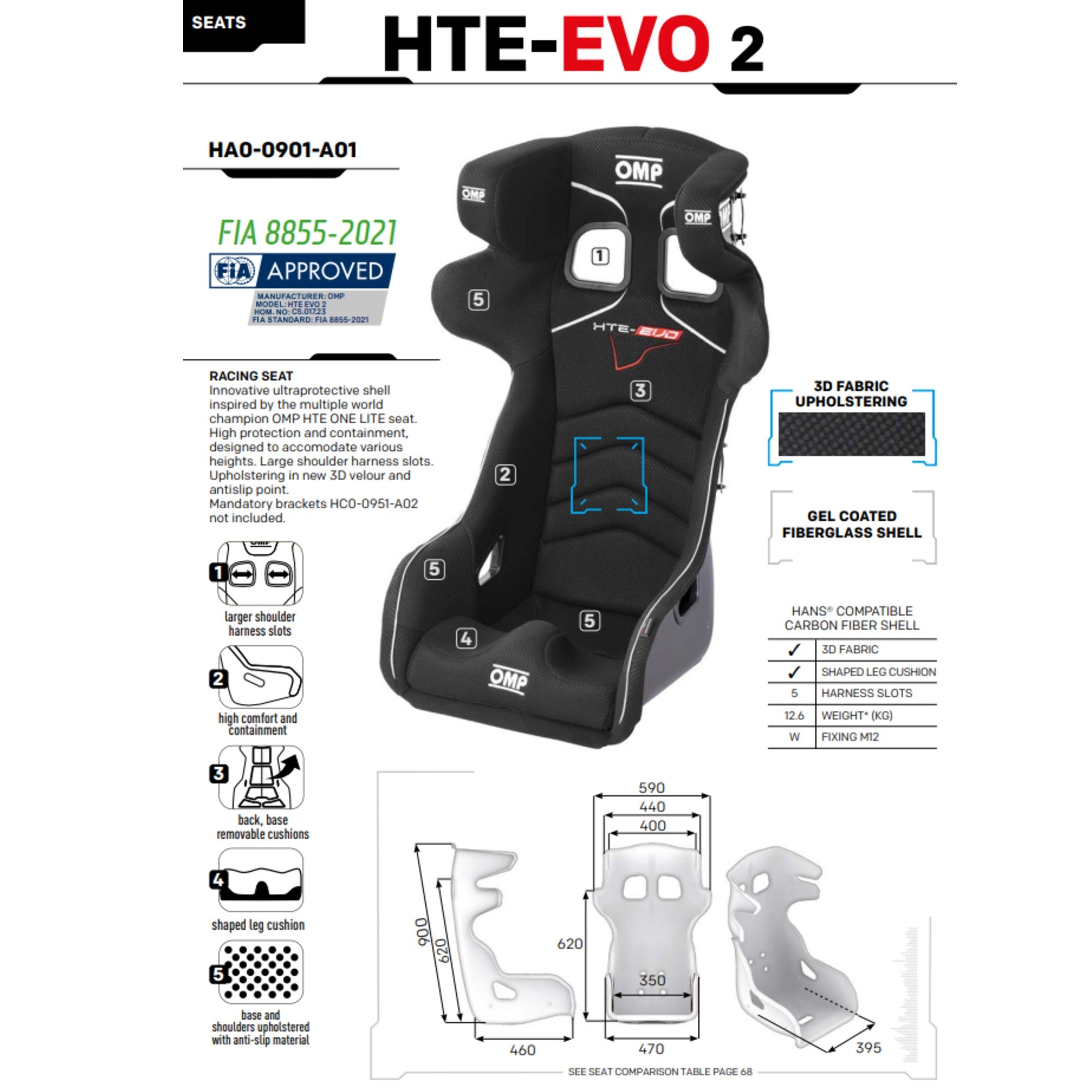 Race Seat - OMP HTE EVO 2 Gel-Coated Fiberglass Shell FIA 8855-1021 - Standard Size - Technical Sheet - Fast Racer