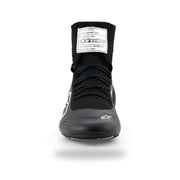 Alpinestars Supertech K karting shoe in Black/White, front view with black laces and FIA label on tongue
