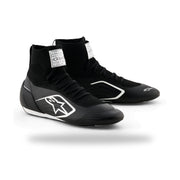 Alpinestars Supertech K karting shoe in Black/White, three-quarter view with white side logo and FIA label on tongue