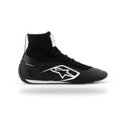 Alpinestars Supertech K karting shoe in Black/White, left side view with white logo and angular side graphics