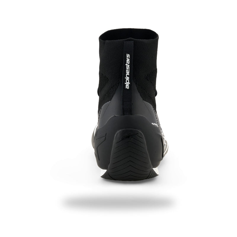 Alpinestars Supertech K karting shoe in Black/White, rear view of heel counter and branded pull tab
