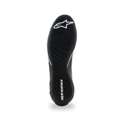 Alpinestars Supertech K karting shoe in Black/White, black rubber outsole with asymmetric tread and white logos