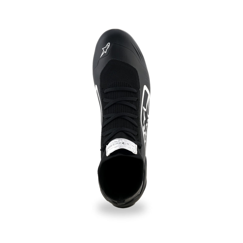 Alpinestars Supertech K karting shoe in Black/White, top view with black laces and white toe logo
