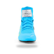 Alpinestars Supertech K karting shoe in Light Blue/Black/White/Yellow Fluo, front view with FIA tongue label