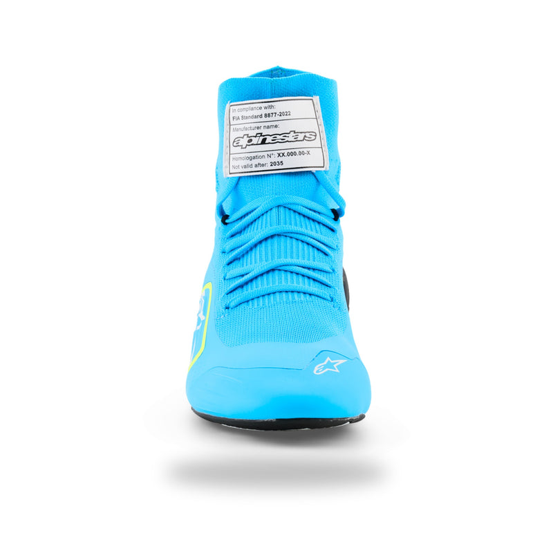 Alpinestars Supertech K karting shoe in Light Blue/Black/White/Yellow Fluo, front view with FIA tongue label