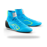 Alpinestars Supertech K karting shoe in Light Blue/Black/White/Yellow Fluo, three-quarter view of knitted high-top upper