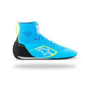 Alpinestars Supertech K karting shoe in Light Blue/Black/White/Yellow Fluo, left side view with white star logo