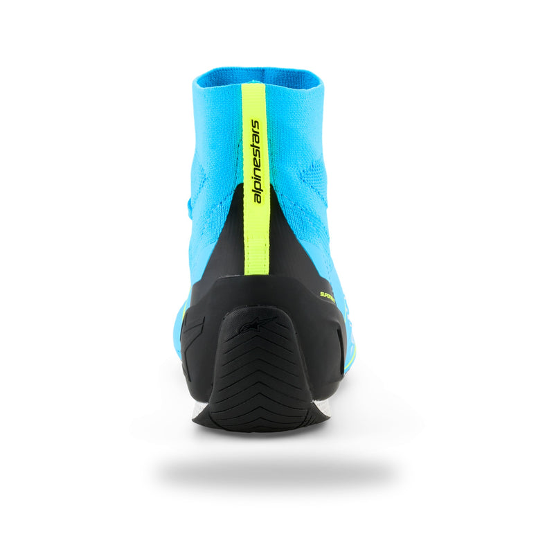 Alpinestars Supertech K karting shoe in Light Blue/Black/White/Yellow Fluo, rear view with yellow fluo pull strip