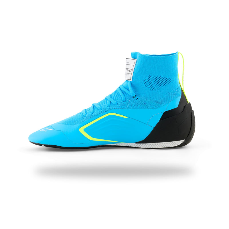 Alpinestars Supertech K karting shoe in Light Blue/Black/White/Yellow Fluo, right side view of knitted upper and heel counter