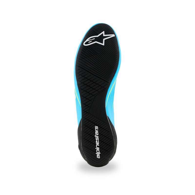 Alpinestars Supertech K karting shoe in Light Blue/Black/White/Yellow Fluo, black rubber outsole with asymmetric tread