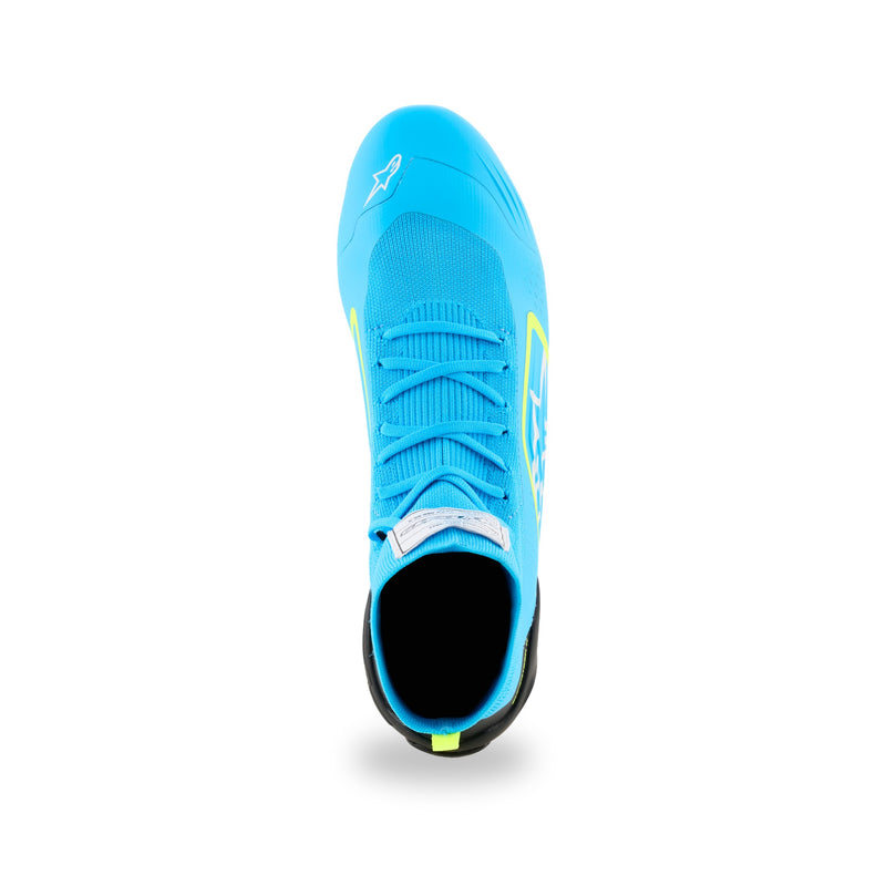 Alpinestars Supertech K karting shoe in Light Blue/Black/White/Yellow Fluo, top view with matching light blue laces