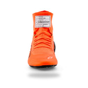 Alpinestars Supertech K karting shoe in Orange Fluo/Black/White, front view with orange laces and white FIA label on tongue