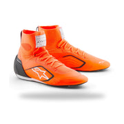 Alpinestars Supertech K karting shoe in Orange Fluo/Black/White, three-quarter view with FIA label on tongue
