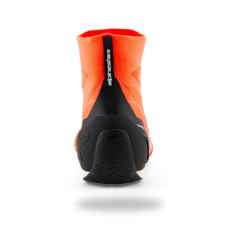 Alpinestars Supertech K karting shoe in Orange Fluo/Black/White, rear view of black heel counter and branded pull tab