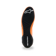 Alpinestars Supertech K karting shoe in Orange Fluo/Black/White, black rubber outsole with asymmetric tread and white logos