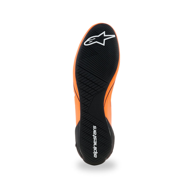 Alpinestars Supertech K karting shoe in Orange Fluo/Black/White, black rubber outsole with asymmetric tread and white logos