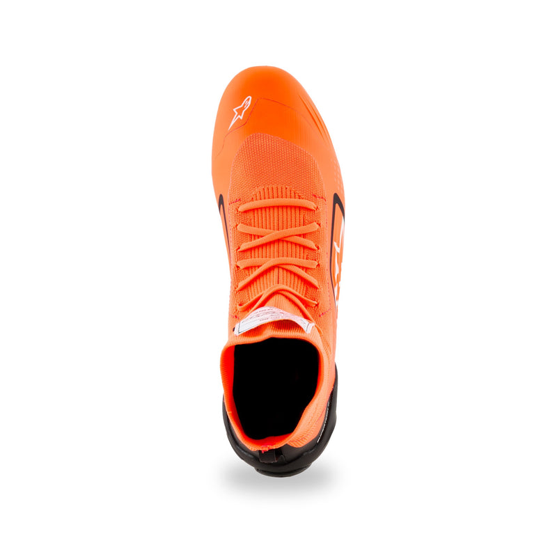 Alpinestars Supertech K karting shoe in Orange Fluo/Black/White, top view with orange laces and white toe logo