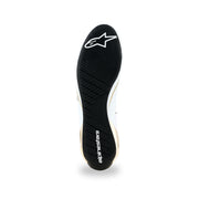 Alpinestars Supertech K karting shoe in White/Black/Gold, black rubber outsole with asymmetric tread and white logos