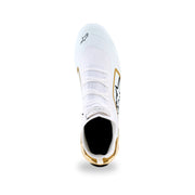 Alpinestars Supertech K karting shoe in White/Black/Gold, top view of white knitted upper with gold accents