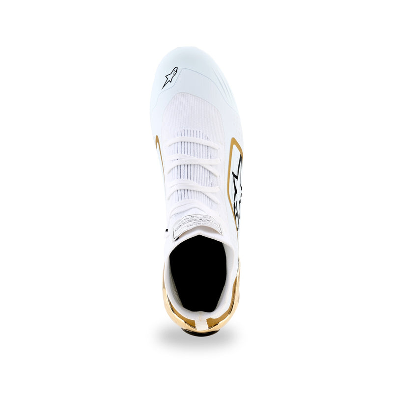 Alpinestars Supertech K karting shoe in White/Black/Gold, top view of white knitted upper with gold accents