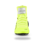 Alpinestars Supertech K karting shoe in Yellow Fluo/Black/White, front view with neon yellow laces and white FIA label