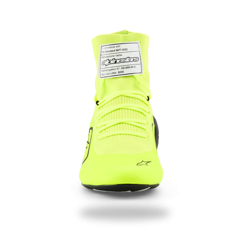 Alpinestars Supertech K karting shoe in Yellow Fluo/Black/White, front view with neon yellow laces and white FIA label