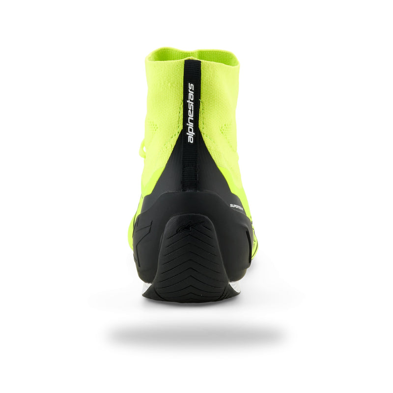 Alpinestars Supertech K karting shoe in Yellow Fluo/Black/White, rear view of black heel counter and branded pull tab