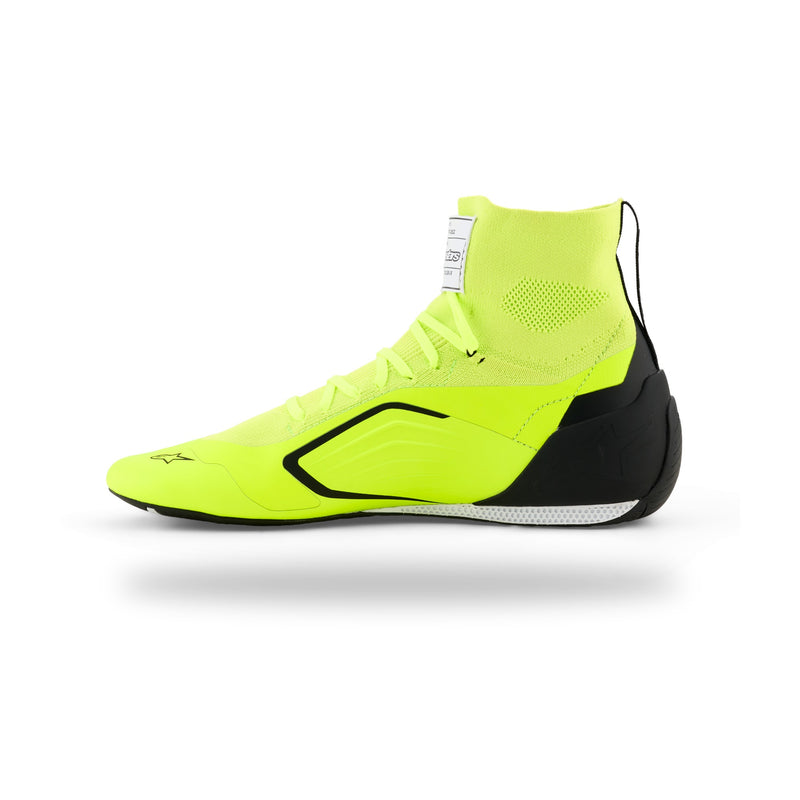Alpinestars Supertech K karting shoe in Yellow Fluo/Black/White, right side view with sock-like collar and black heel counter