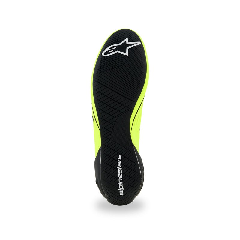Alpinestars Supertech K karting shoe in Yellow Fluo/Black/White, black rubber outsole with asymmetric tread and white logos