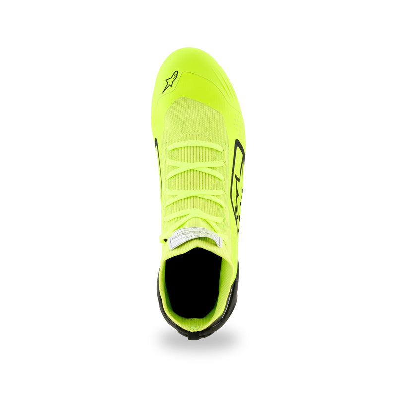 Alpinestars Supertech K karting shoe in Yellow Fluo/Black/White, top view of yellow knitted upper with black heel accents