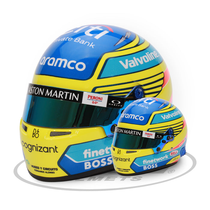 Bell 1:2 Scale F1 Mini Helmet Fernando Alonso 2024 Aston Martin - Normal Size vs Mini - Fast Racer