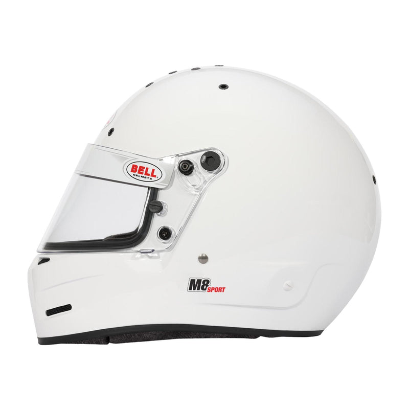 Full Left view of the Bell M8 SPORT Multi - Purpose Racing Helmet - Snell SA2025 in White color at FAST RACER.