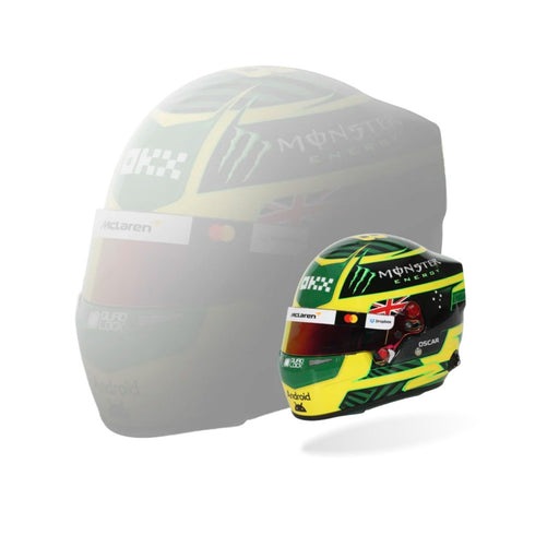 Full Size and Half Size Mini Helmet and Box View of the Bell Oscar Piastri 1:2 Scale F1 Mini Helmet - 2026 F1 Australian GP at FAST RACER