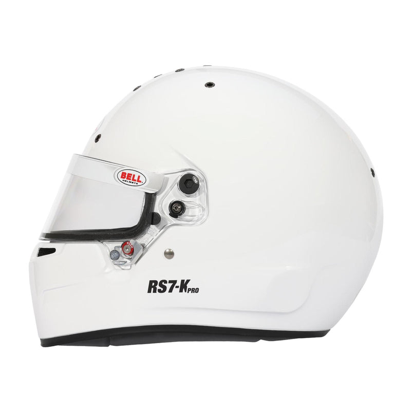 Full left view of the Bell RS7 - K PRO Kart Helmet - Snell K2025 / FIA in White color at FAST RACER
