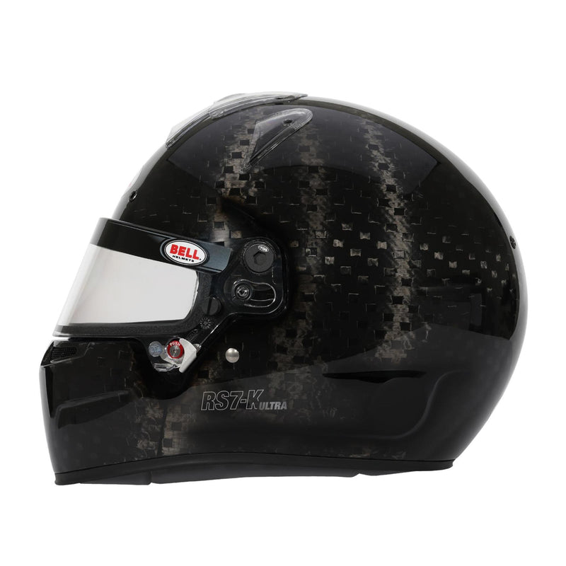 Full left view of the Bell RS7 - K ULTRA Kart Helmet - Snell K2025 / FIA8878 in Black Color at FAST RACER