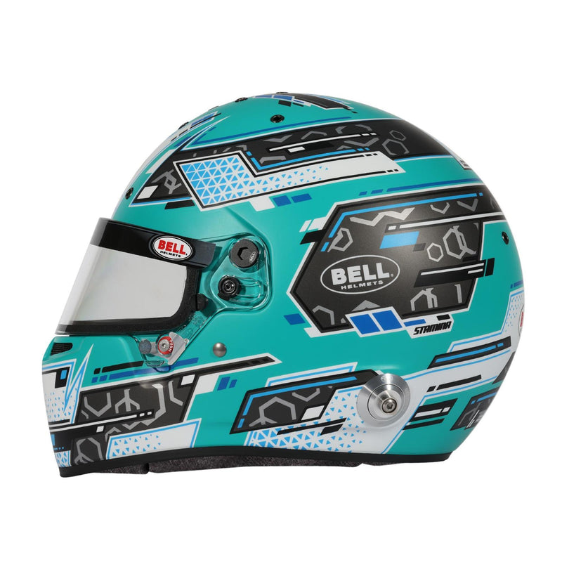 Full left view of the Bell RS7 PRO Stamina Aquamarine Racing Helmet - Snell SA2025 / FIA at FAST RACER
