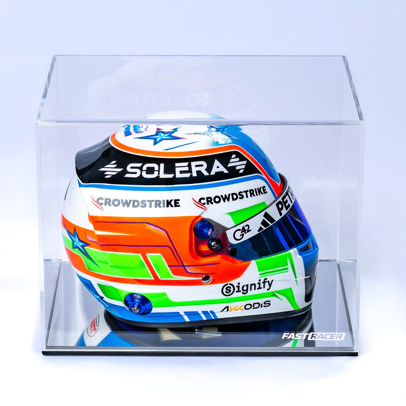 Front View of the FAST RACER Premium 1:2 Scale Mini Helmet Display Case with Kimi Antonelli 2025 Mini Helmet Inside and White Background