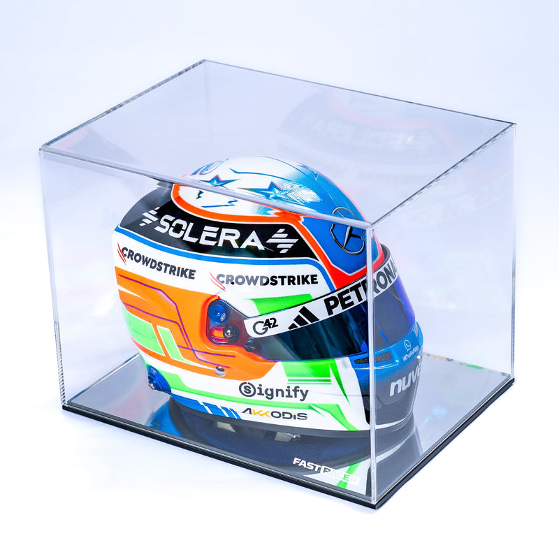 Main View of the FAST RACER Premium 1:2 Scale Mini Helmet Display Case with Kimi Antonelli 2025 Mini Helmet Inside and Whhite Background