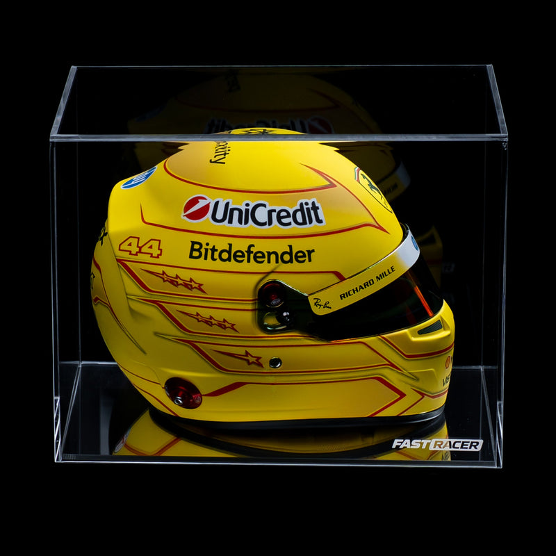 Front View of the FAST RACER Premium 1:2 Scale Mini Helmet Display Case with Lewis Hamilton 2026 Mini Helmet Inside and Black Background