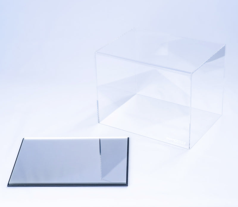 Case and Base View of the FAST RACER Premium 1:2 Scale Mini Helmet Display Case with White Background