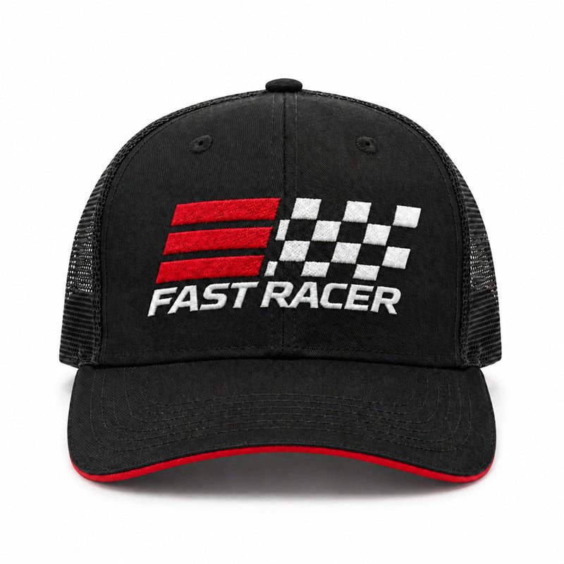 Front View of FAST RACER Go Fast Finish First Trucker Cap in Black Color
