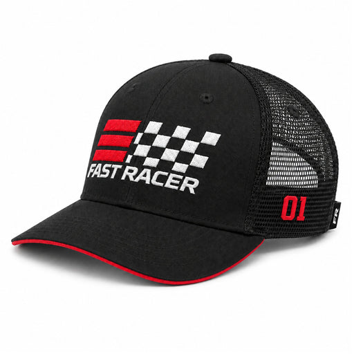 Main View of FAST RACER Go Fast Finish First Trucker Cap in Black Color