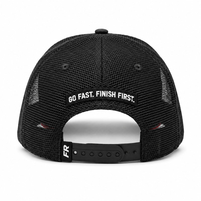 Rear View of FAST RACER Go Fast Finish First Trucker Cap in Black Color