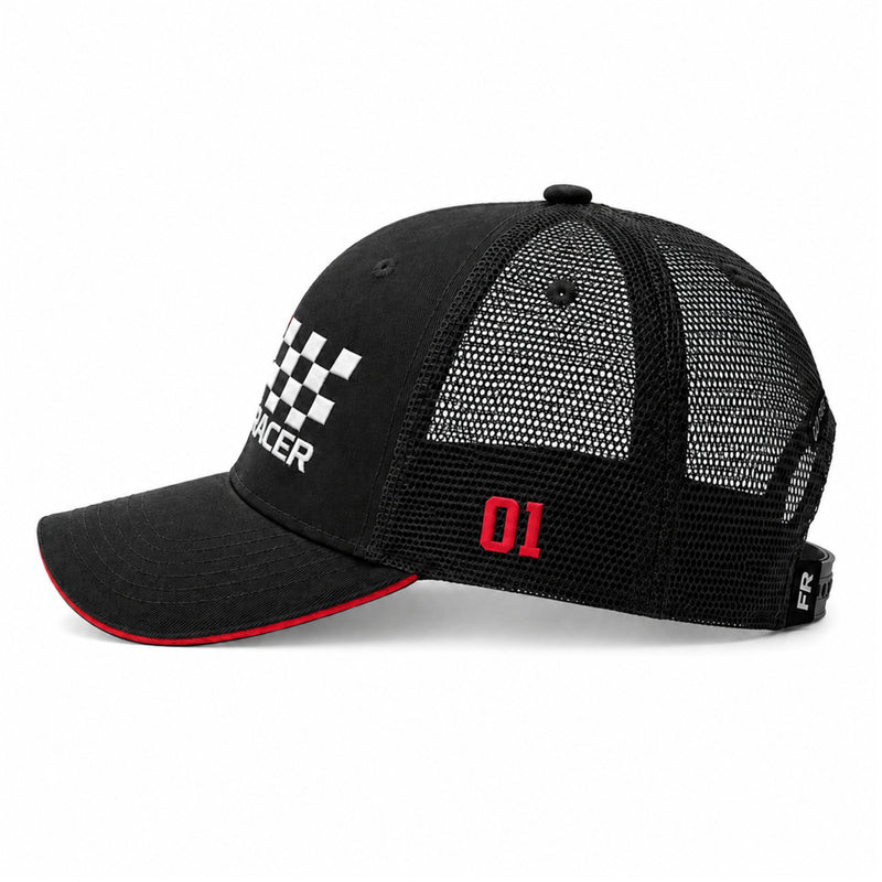 Side View of FAST RACER Go Fast Finish First Trucker Cap in Black Color