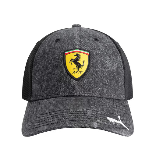 Main View of the Men's Puma Black Scuderia Ferrari Fanwear Trucker Adjustable Hat in Grey/Black at FAST RACER